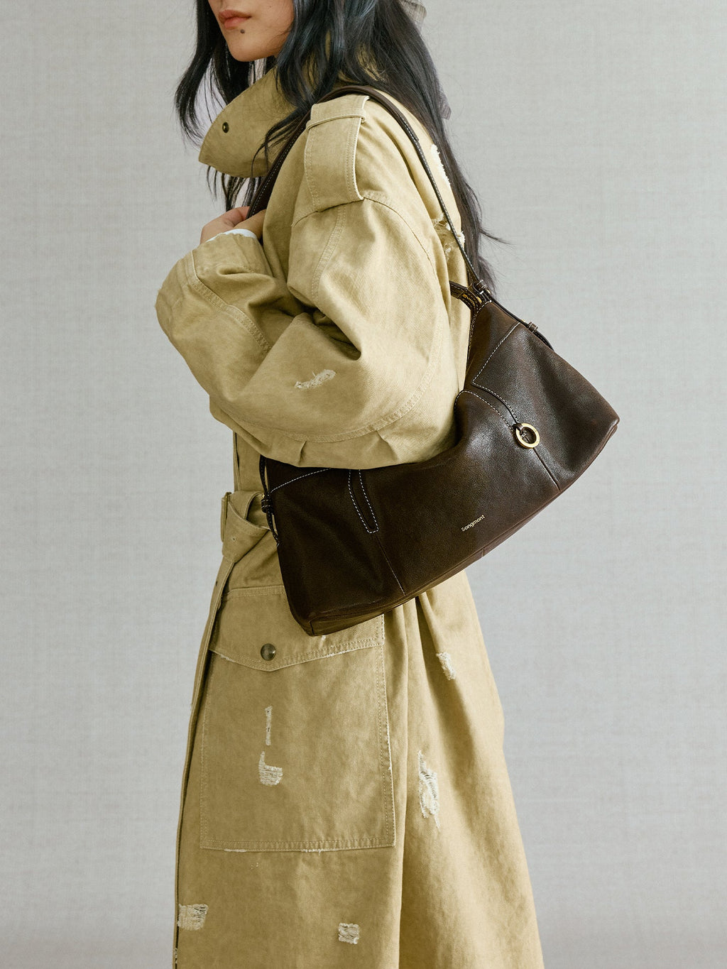 Songmont H Yore Bag Drab - worn on the shoulder, three-quarter view