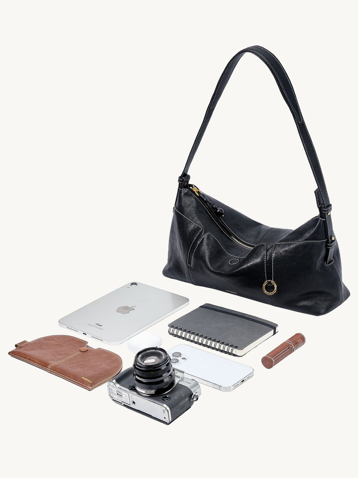 Songmont H Yore Bag Onyx - flat lay with tablet, notebook and camera
