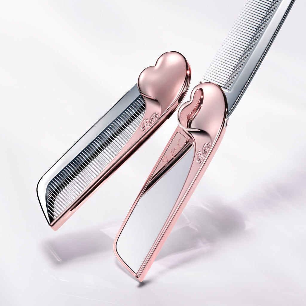 ReFa AIRA MIRROR COMB Rose Gold comb and mirror open