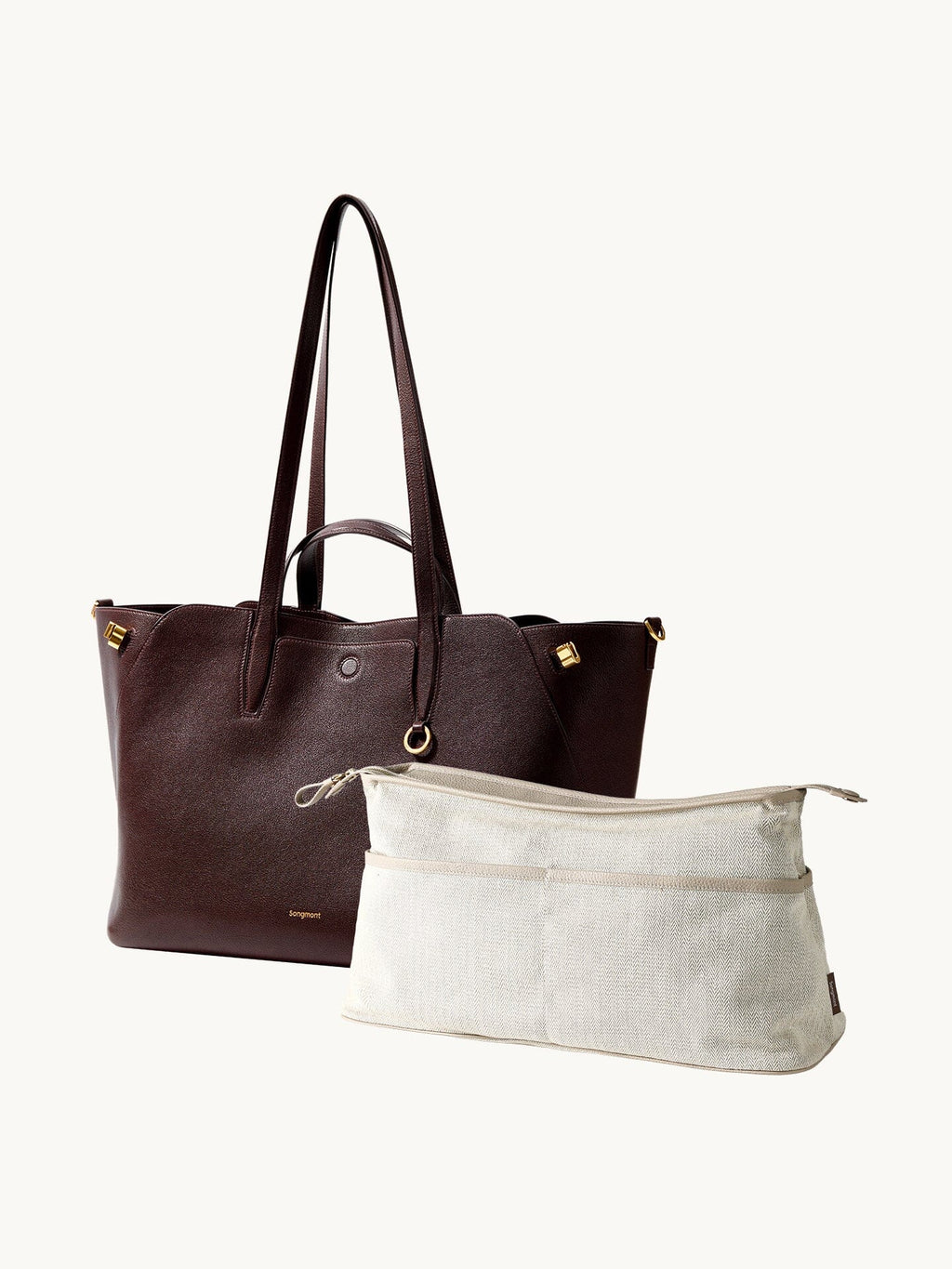 Songmont Large Yore Tote Bag Raisin - with the ivory zip inner pouch