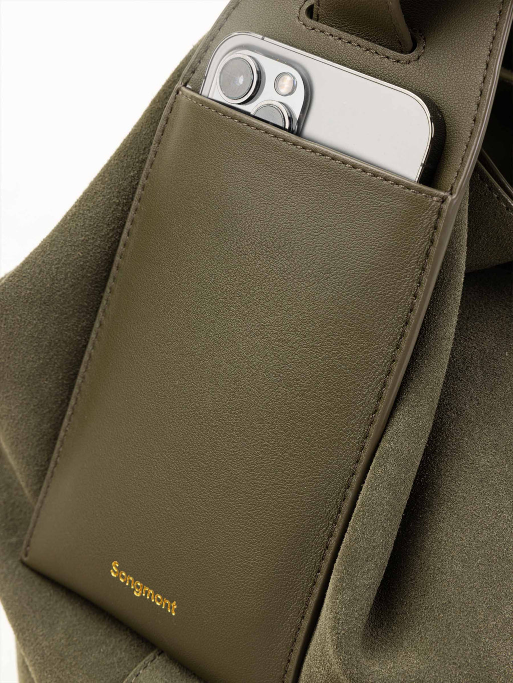 Songmont Large Drippy Tote Bag Olive - phone pocket on the strap, close up