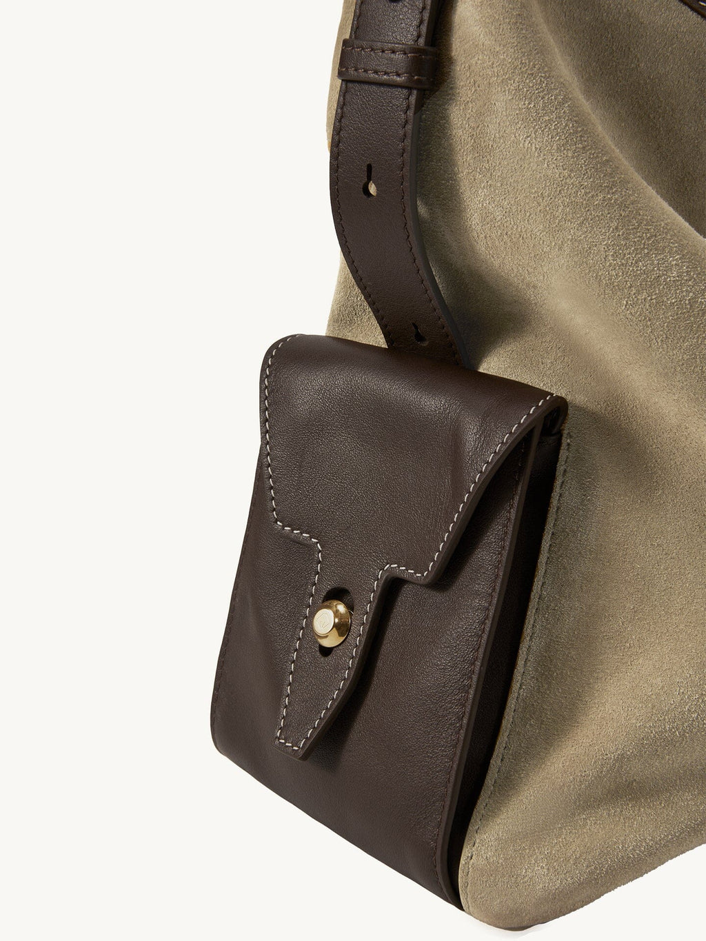 Songmont Large Yore Hobo Bag Dune Suede - dark brown leather flap side pocket