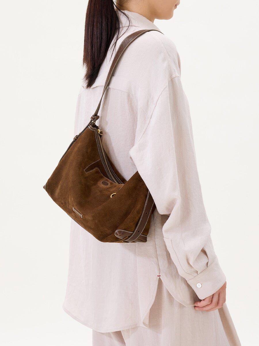 Songmont Large Yore Hobo Bag Sandal Suede - worn on the shoulder, side view