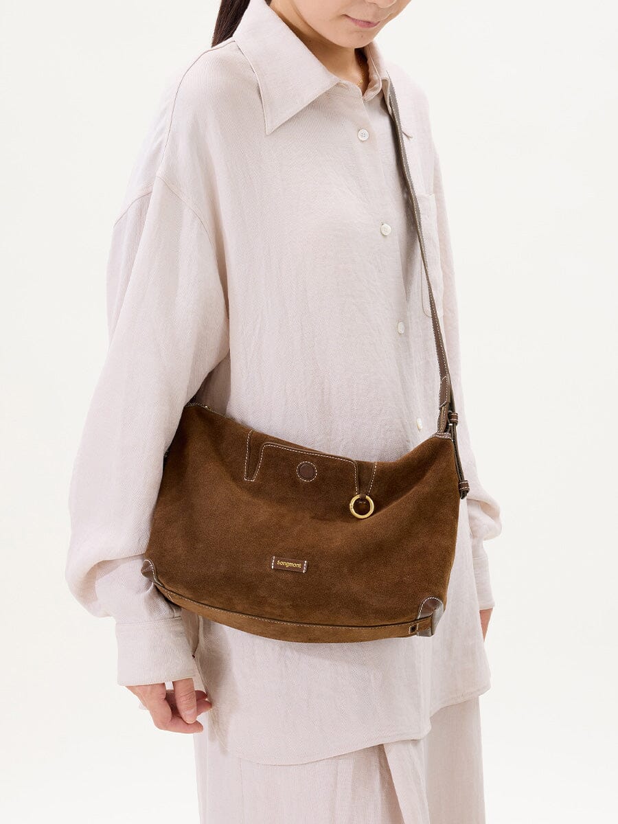 Songmont Large Yore Hobo Bag Sandal Suede - worn cross-body, front view