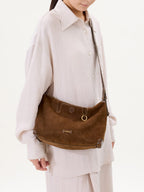 Songmont Large Yore Hobo Bag Sandal Suede - worn cross-body, front view