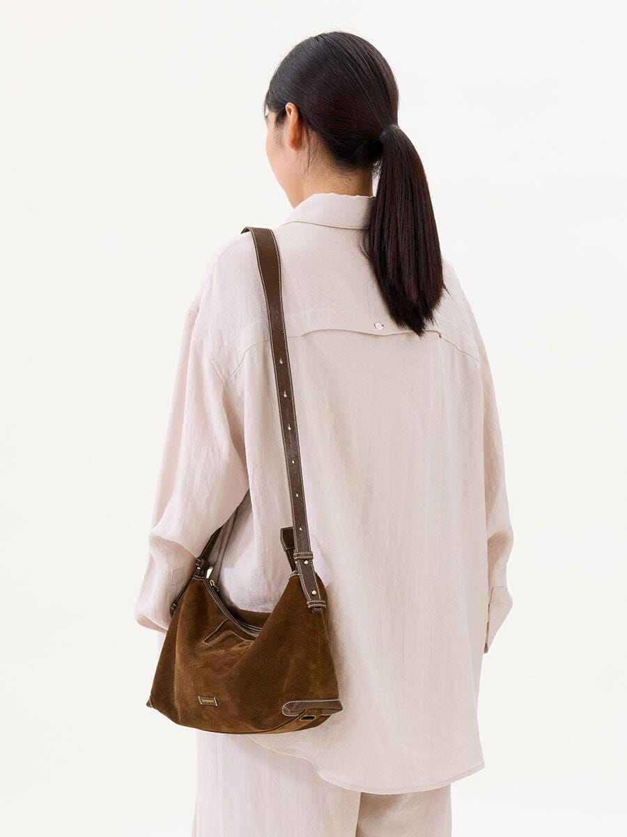 Songmont Large Yore Hobo Bag Sandal Suede - worn cross-body, back view