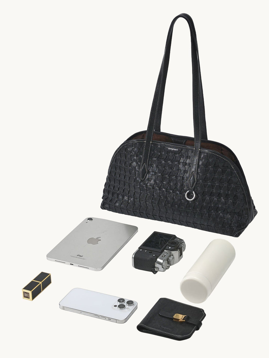 Songmont Lattice Shellseeker Bag Onyx - flat lay with iPad Mini and essentials