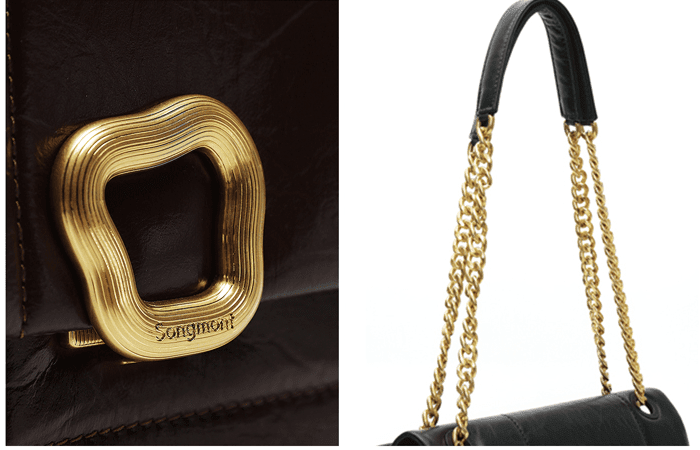 Songmont Medium Chocolate Bag Onyx - close-up of the gold clasp and chain strap