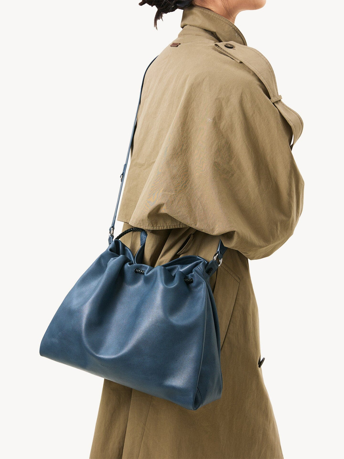 Songmont Medium Gather Bag - Navy worn with trench coat