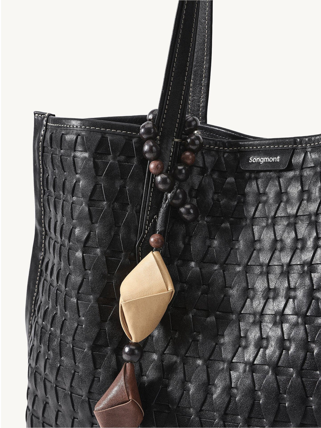 Songmont Medium Lattice Tote Onyx - beaded charm close-up