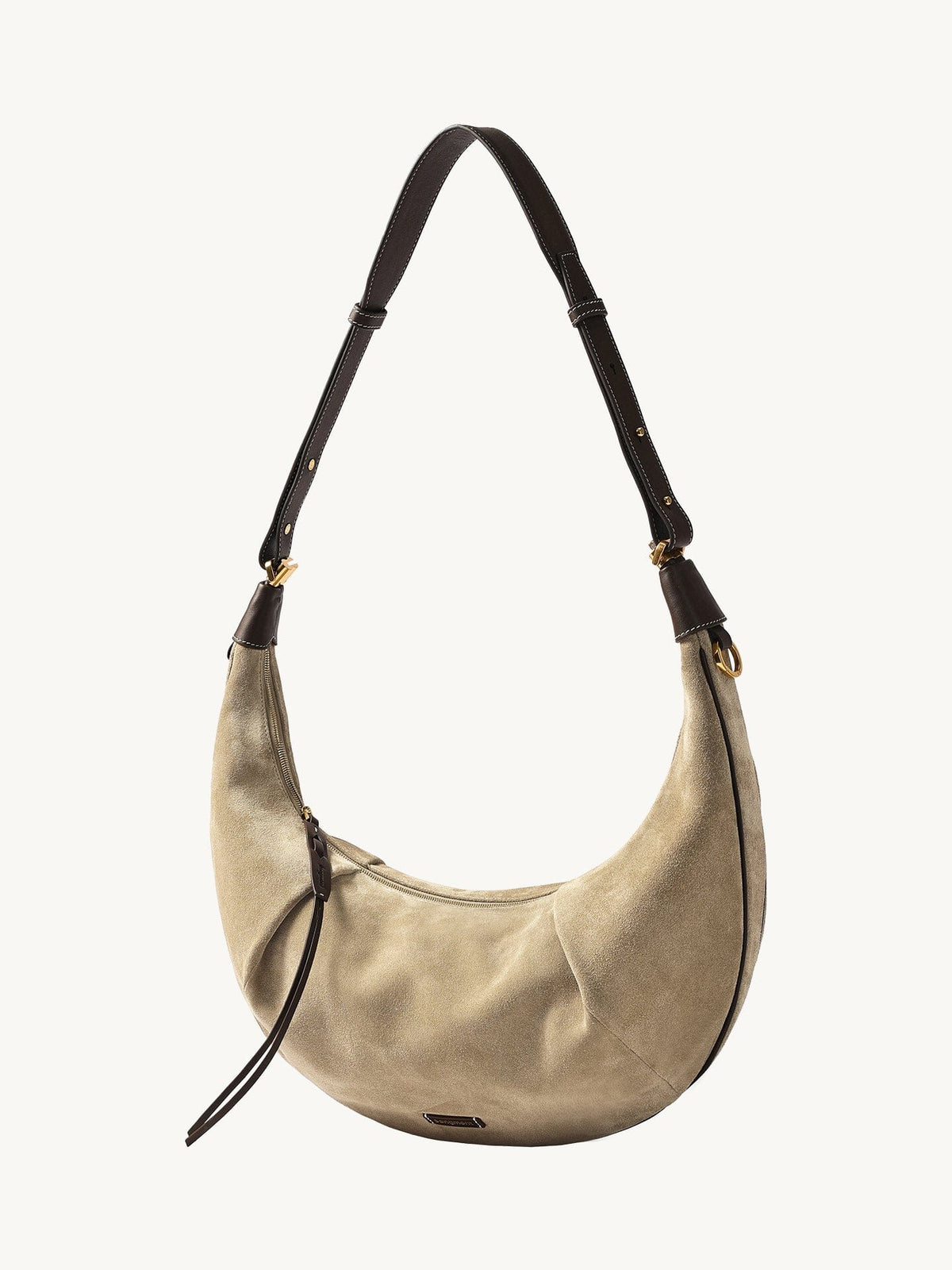 Songmont Large Luna Hobo Bag Dune Suede - full view with long strap attached
