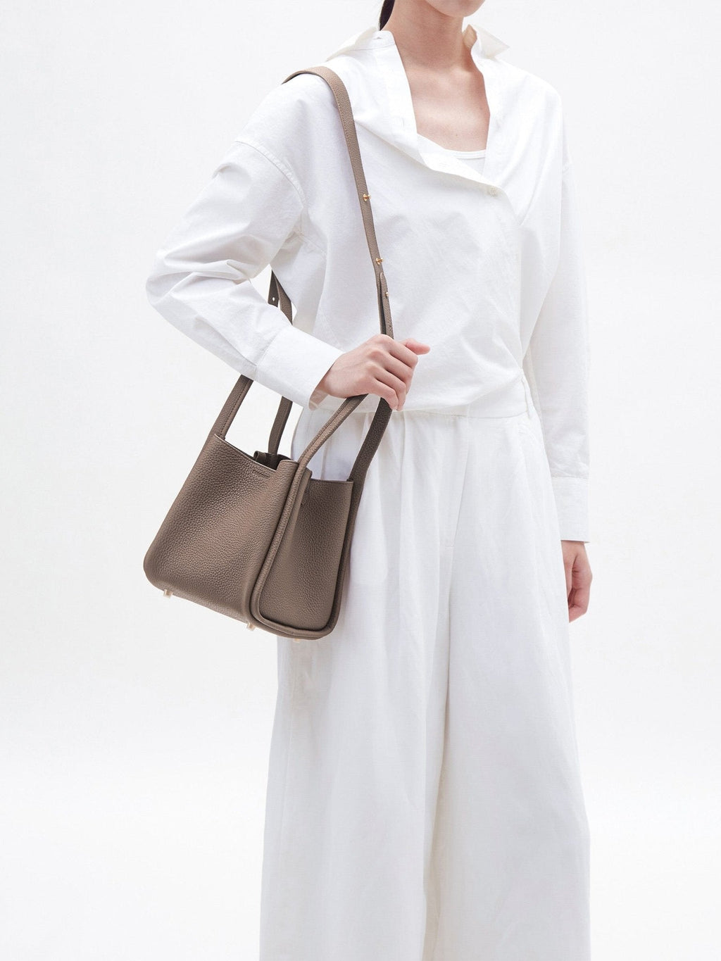 Songmont Medium Song Bag Taupe worn crossbody