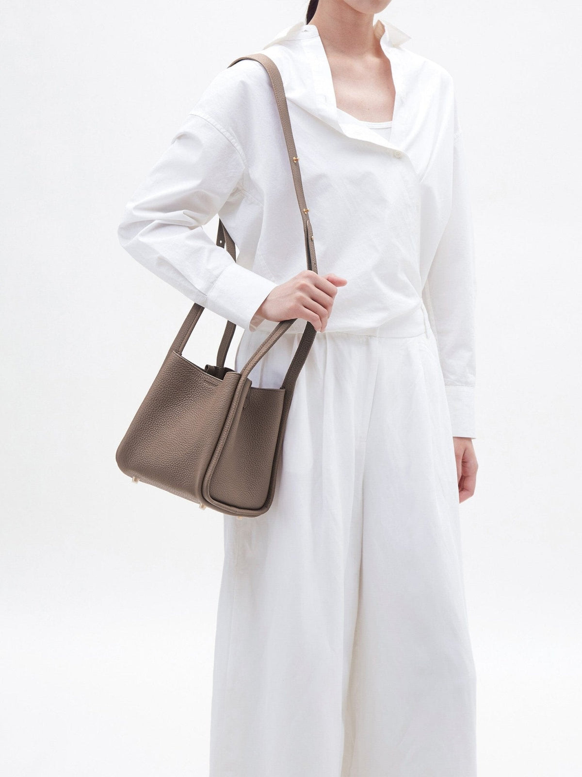 Songmont Medium Song Bag Taupe worn crossbody