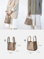 Songmont Medium Song Bag Taupe styled with tailored jackets and size diagram