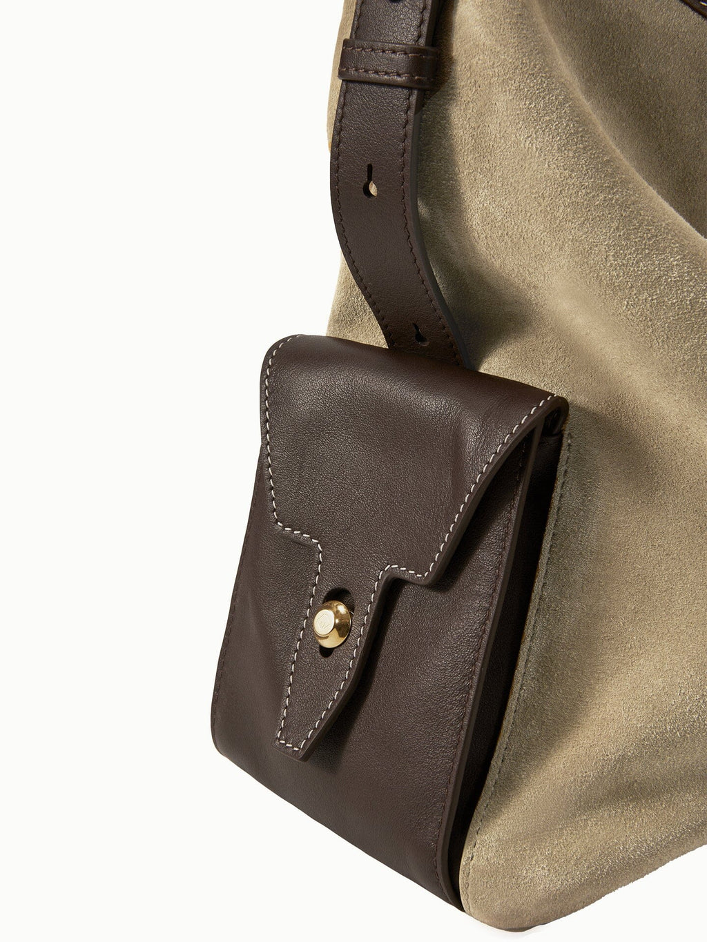 Songmont Medium Yore Hobo Bag Dune Suede front flap pocket detail