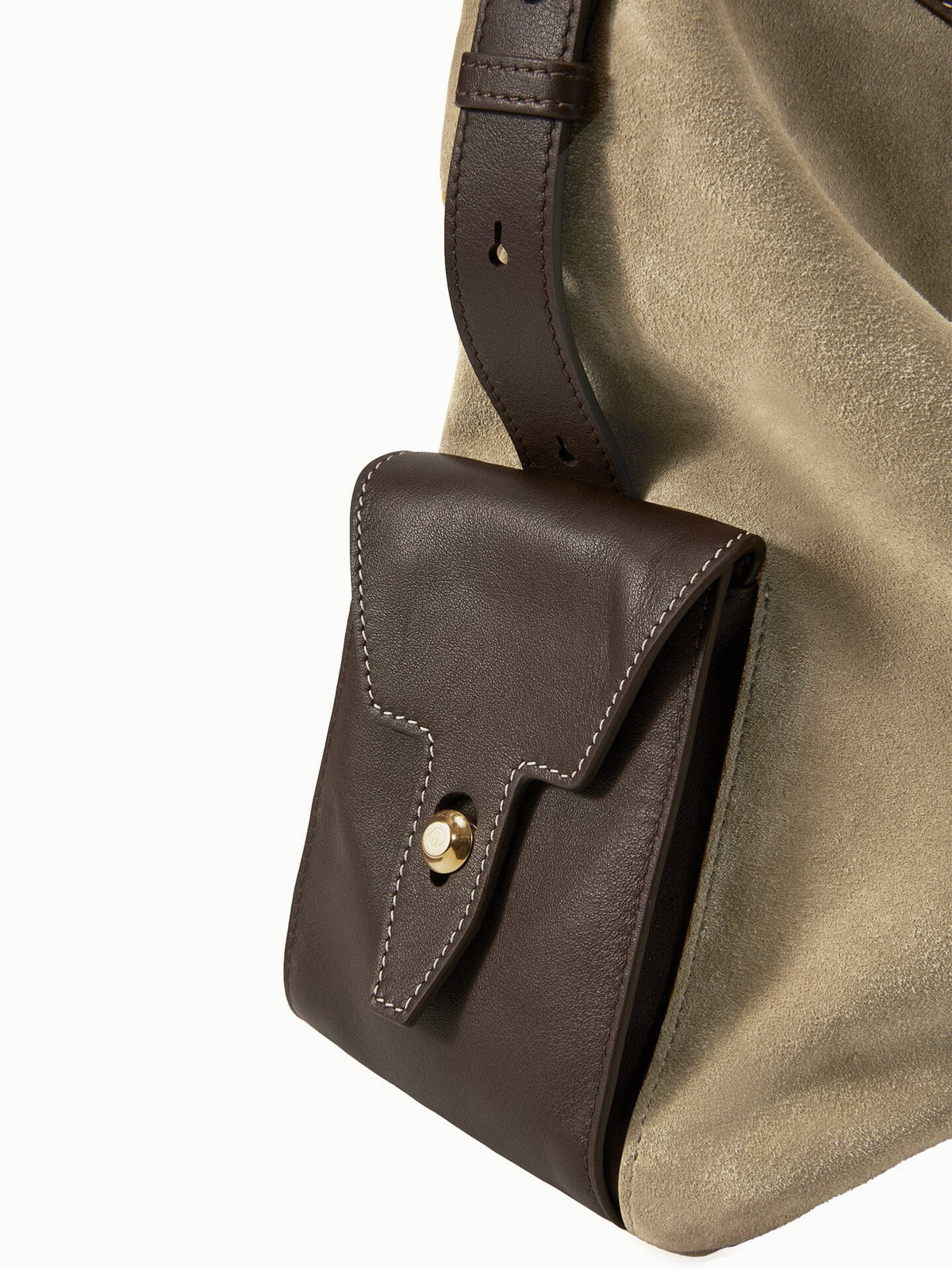 Songmont Medium Yore Hobo Bag Dune Suede front flap pocket detail