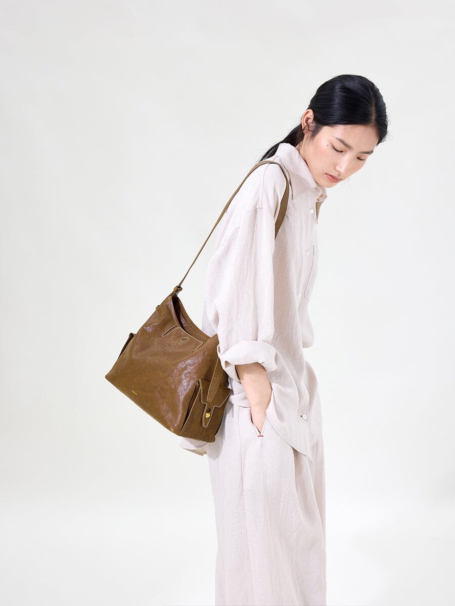 Songmont Medium Yore Hobo Bag Sandal front flap pocket detail