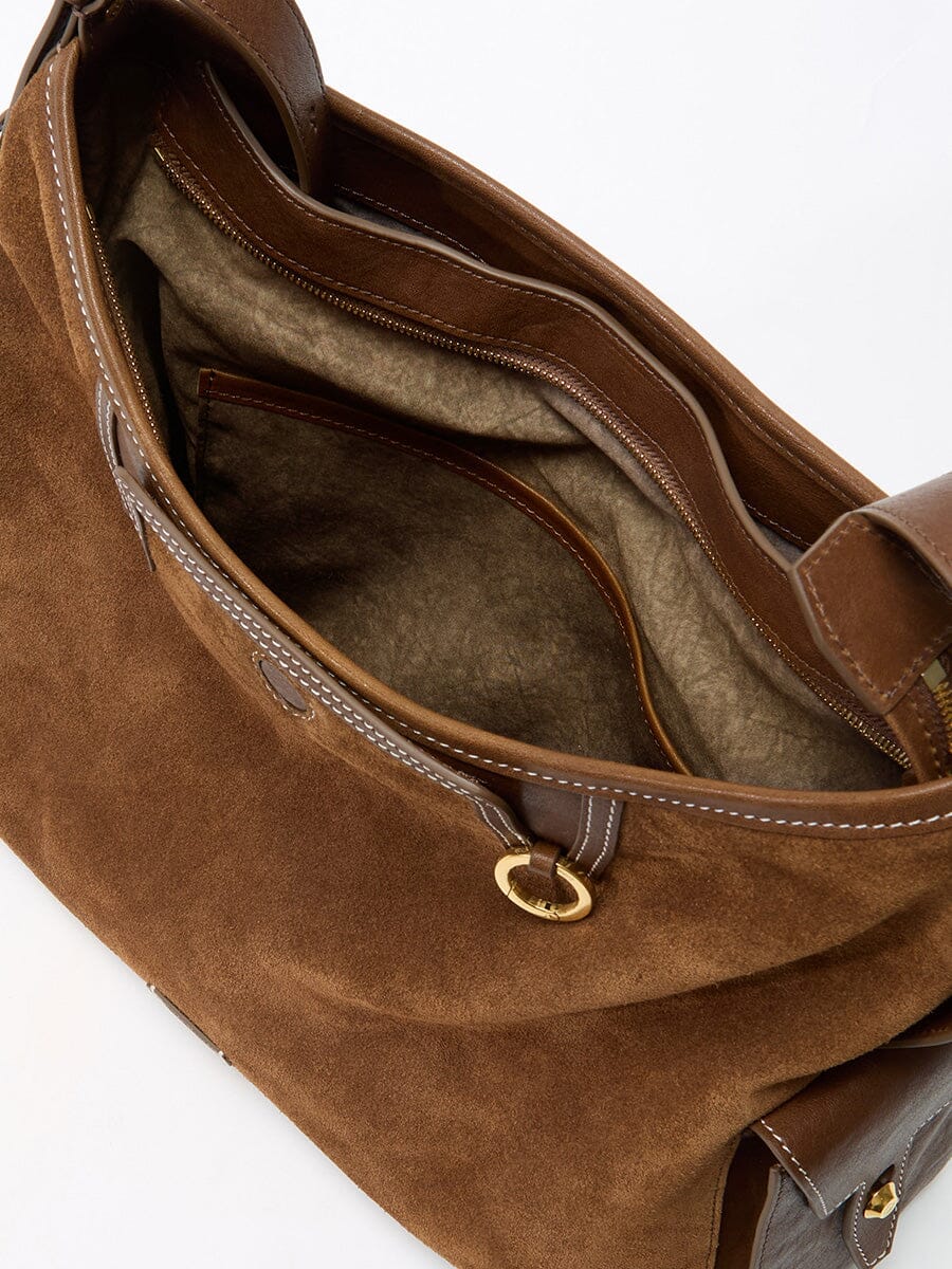 Songmont Medium Yore Hobo Bag Sandal Suede lifestyle shot
