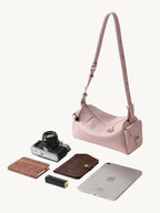Songmont Mini Yore Camera Bag Peach - shown with a camera, notebook, wallet and tablet