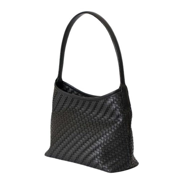 MONOROW Vena Bag Black woven leather angled view