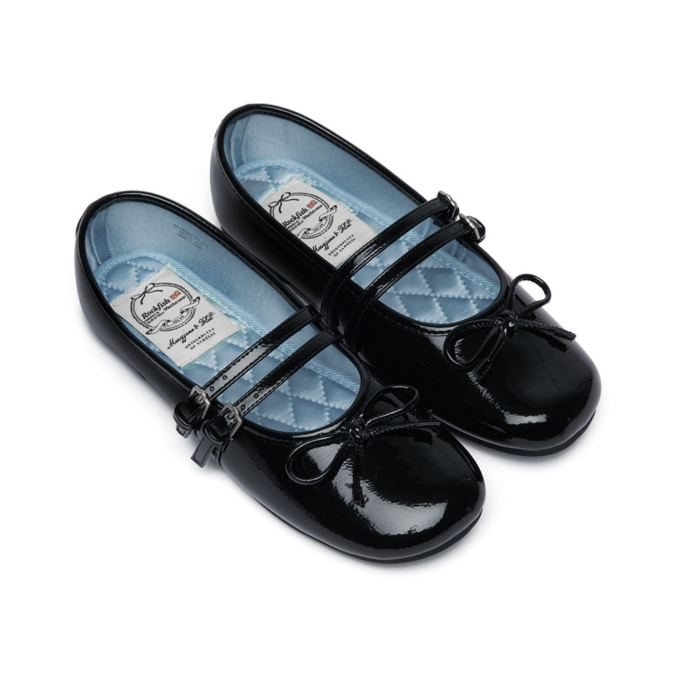 Rockfish Weatherwear Square Toe Two Strap Maryjanes Black pair on white