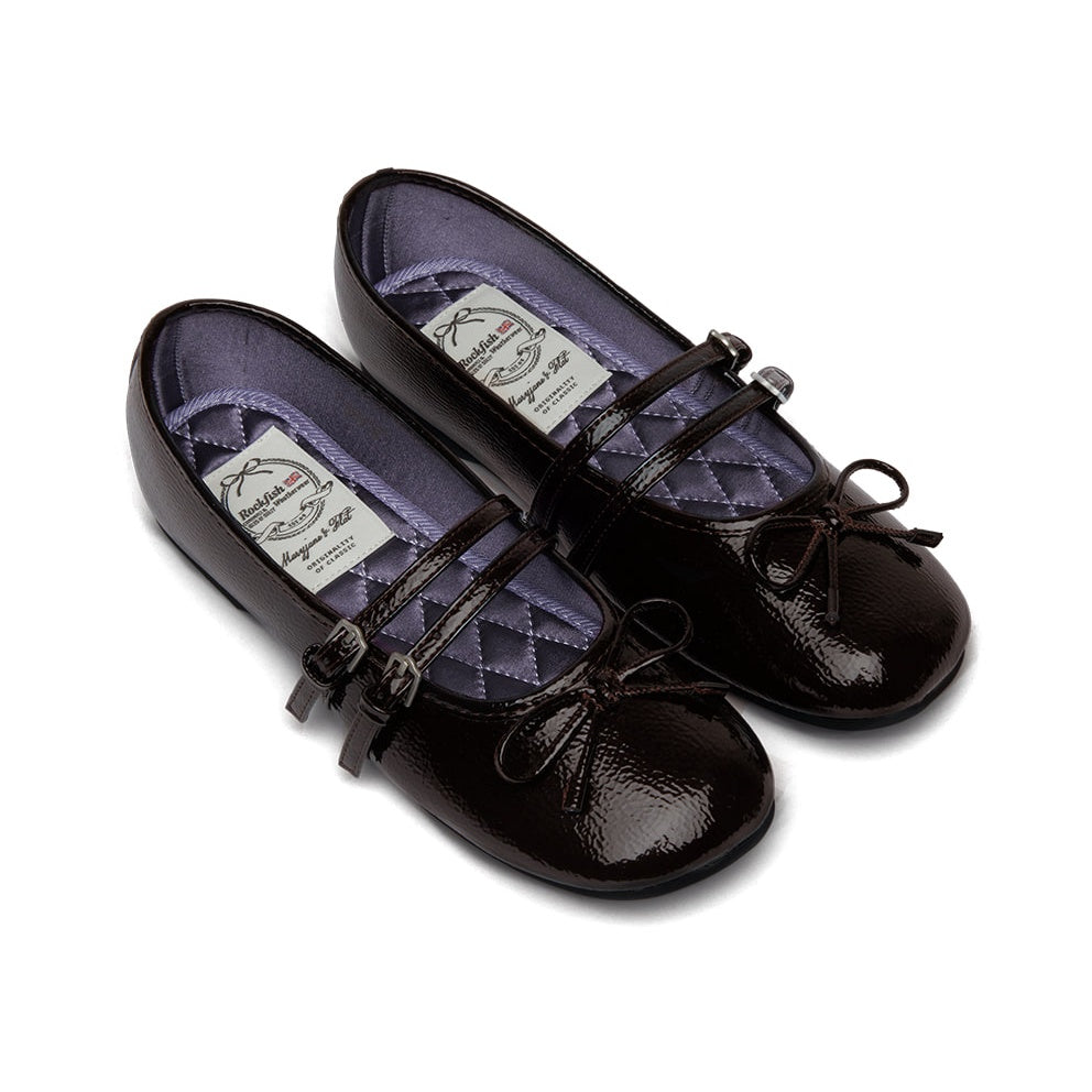 Rockfish Weatherwear Square Toe Two Strap Maryjanes Brown pair on white