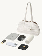 Songmont Lattice Shellseeker Bag Cloud - flat lay with iPad Mini and essentials