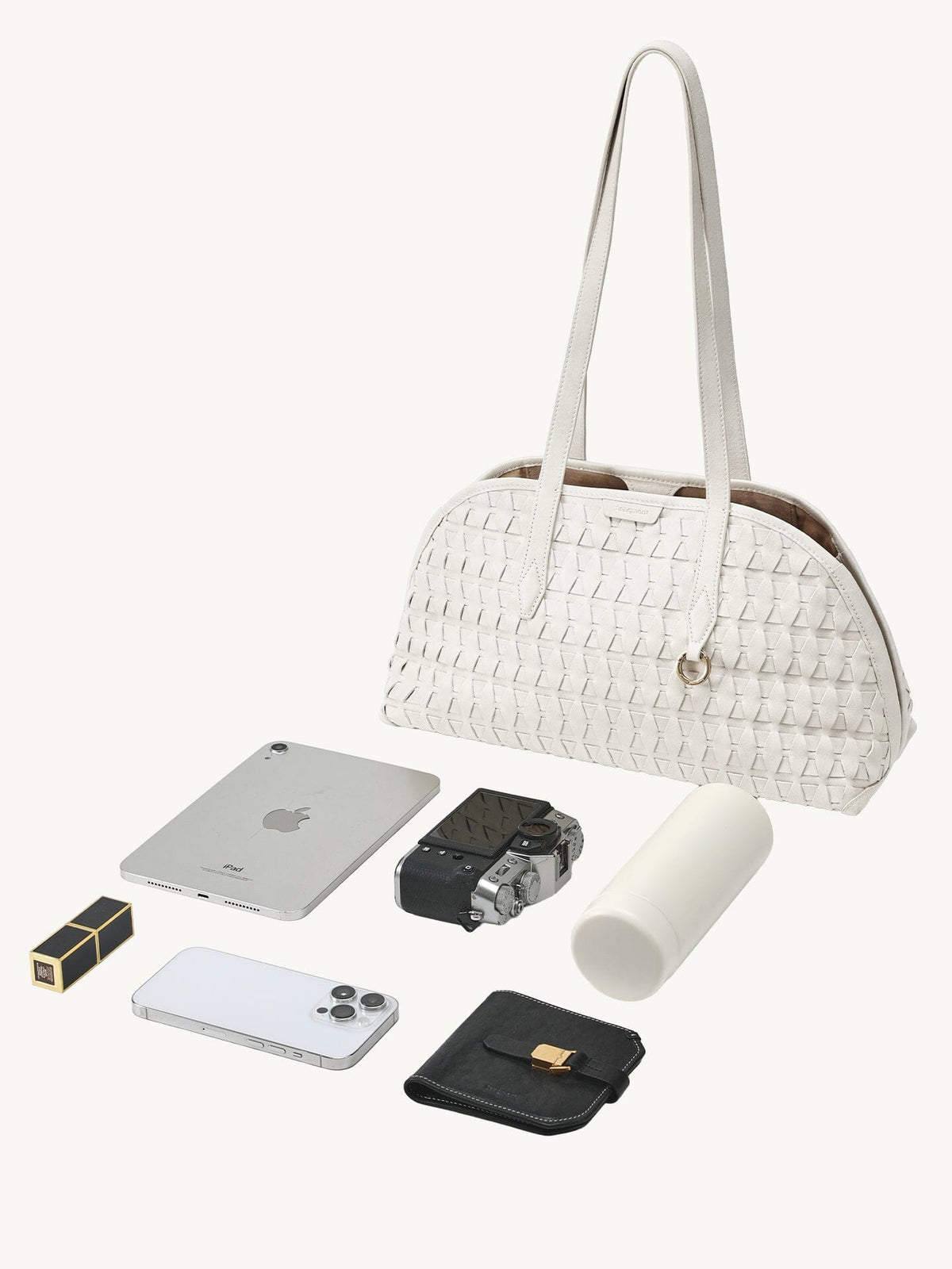 Songmont Lattice Shellseeker Bag Cloud - flat lay with iPad Mini and essentials