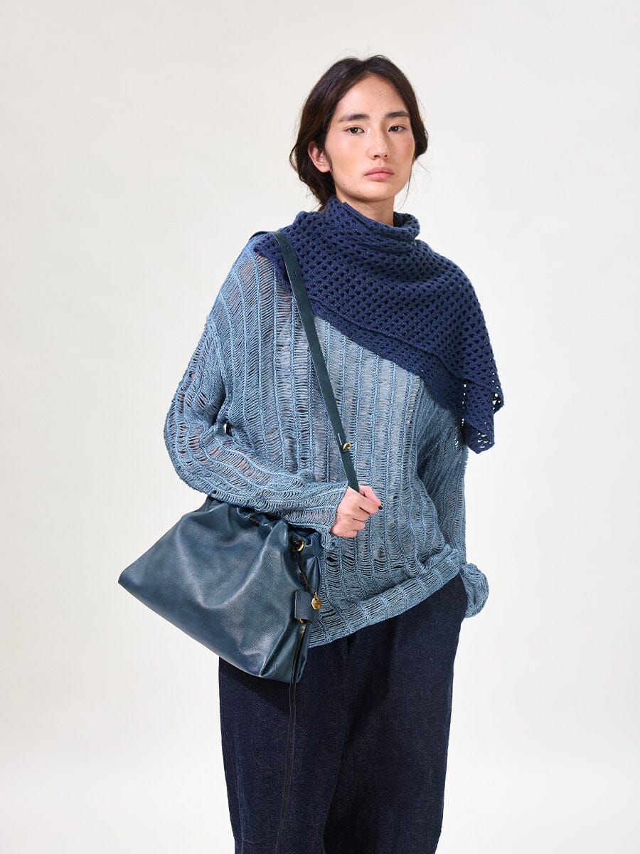 Songmont Small Gather Bag Navy - worn cross-body, full length