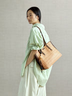Songmont Small Lattice Tote Sulfur - worn on the shoulder