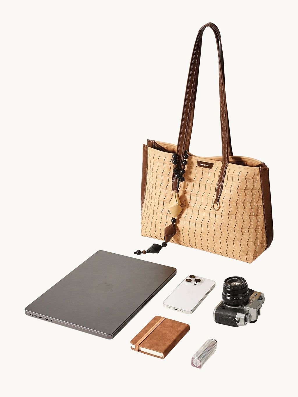 Songmont Small Lattice Tote Sulfur - flat lay with laptop and essentials