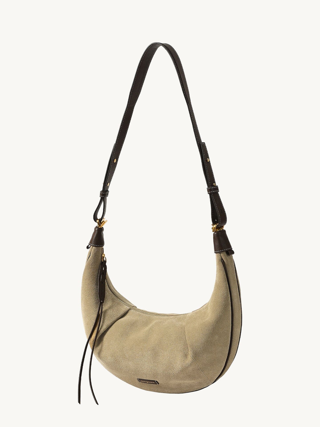 Songmont Medium Luna Hobo Bag Dune Suede - with long brown strap attached