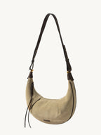 Songmont Medium Luna Hobo Bag Dune Suede - with long brown strap attached