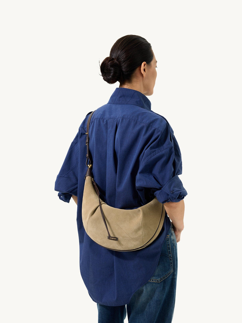 Songmont Medium Luna Hobo Bag Dune Suede - worn crossbody, back view