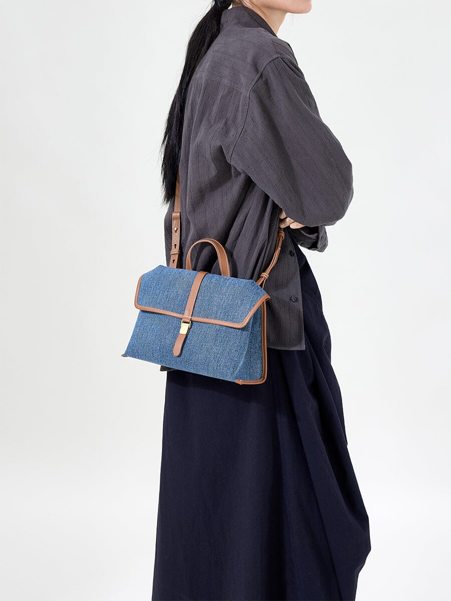 Songmont Small Shan Satchel Bag Denim worn crossbody