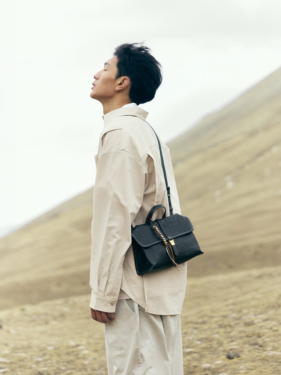 Songmont Small Shan Satchel Bag Onyx worn crossbody