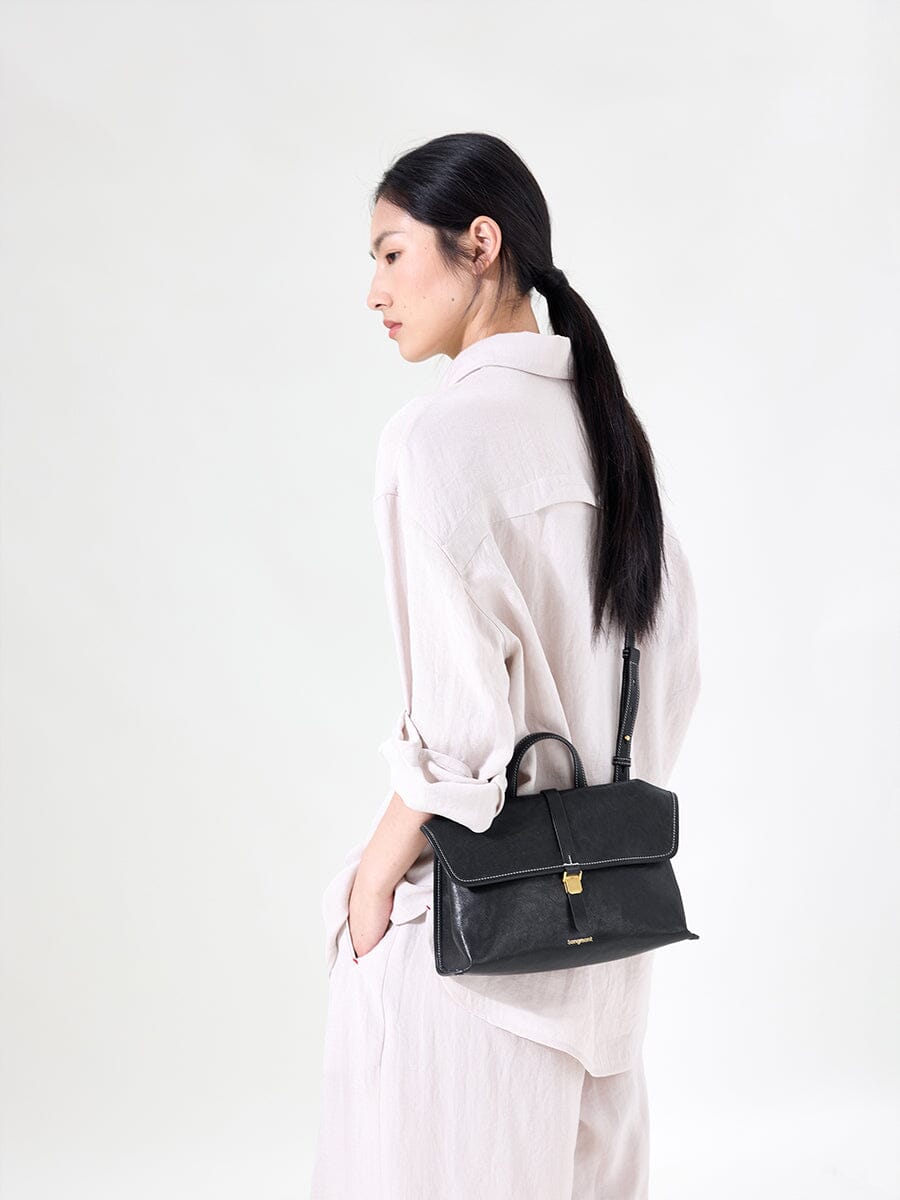 Songmont Small Shan Satchel Bag Onyx leather and gold clasp