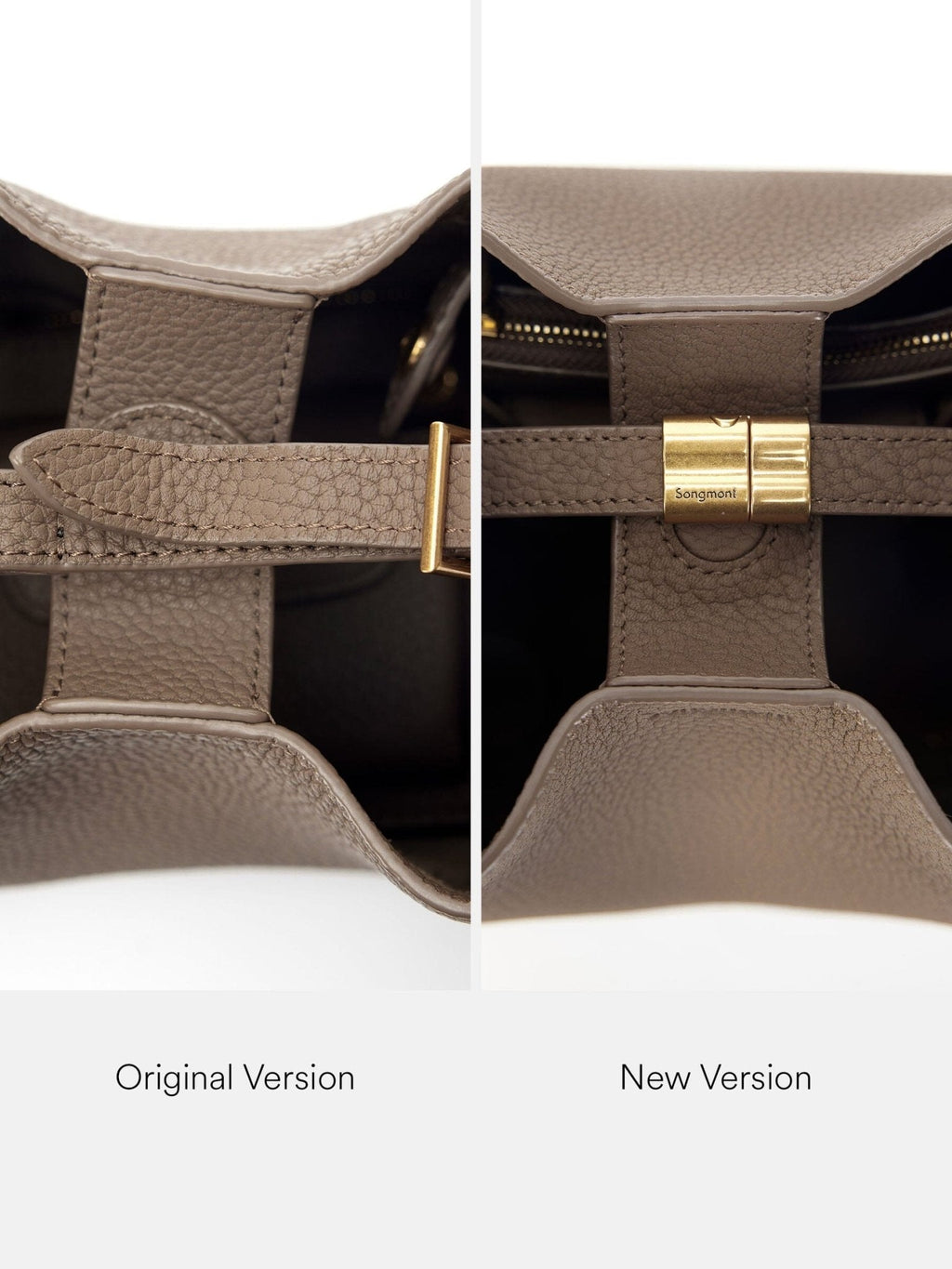Songmont Small Song Bag Taupe - clasp and strap detail, original and new version