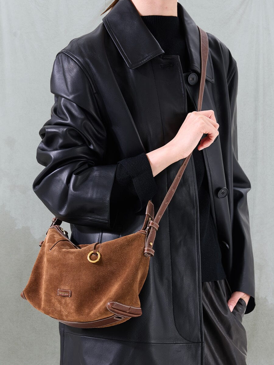 Songmont Small Yore Hobo Bag (Minimal Version) Sandal Suede - worn crossbody with a black coat