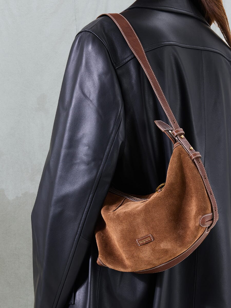 Songmont Small Yore Hobo Bag (Minimal Version) Sandal Suede - worn on the shoulder, back view