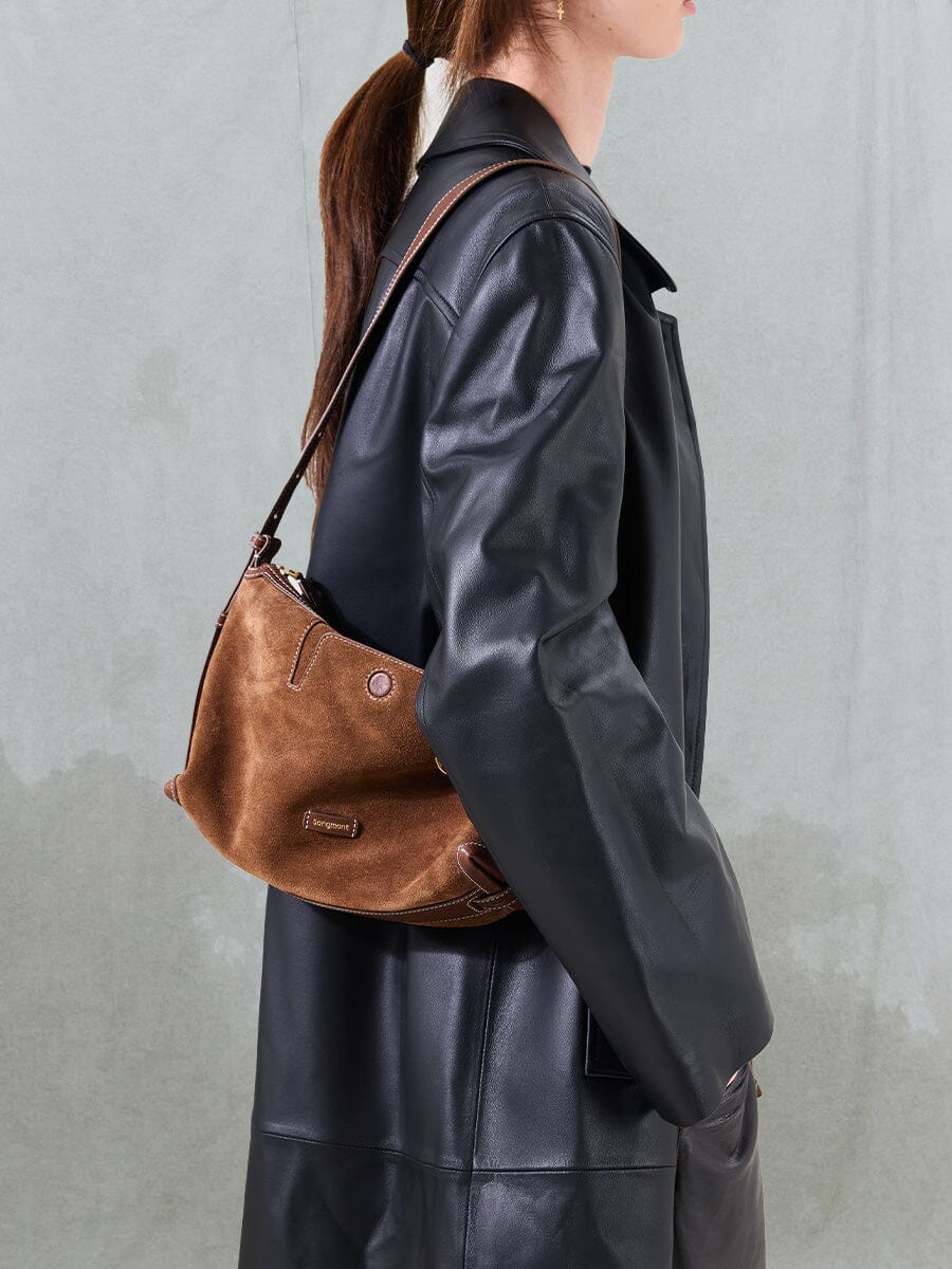Songmont Small Yore Hobo Bag (Minimal Version) Sandal Suede - worn on the shoulder, side view