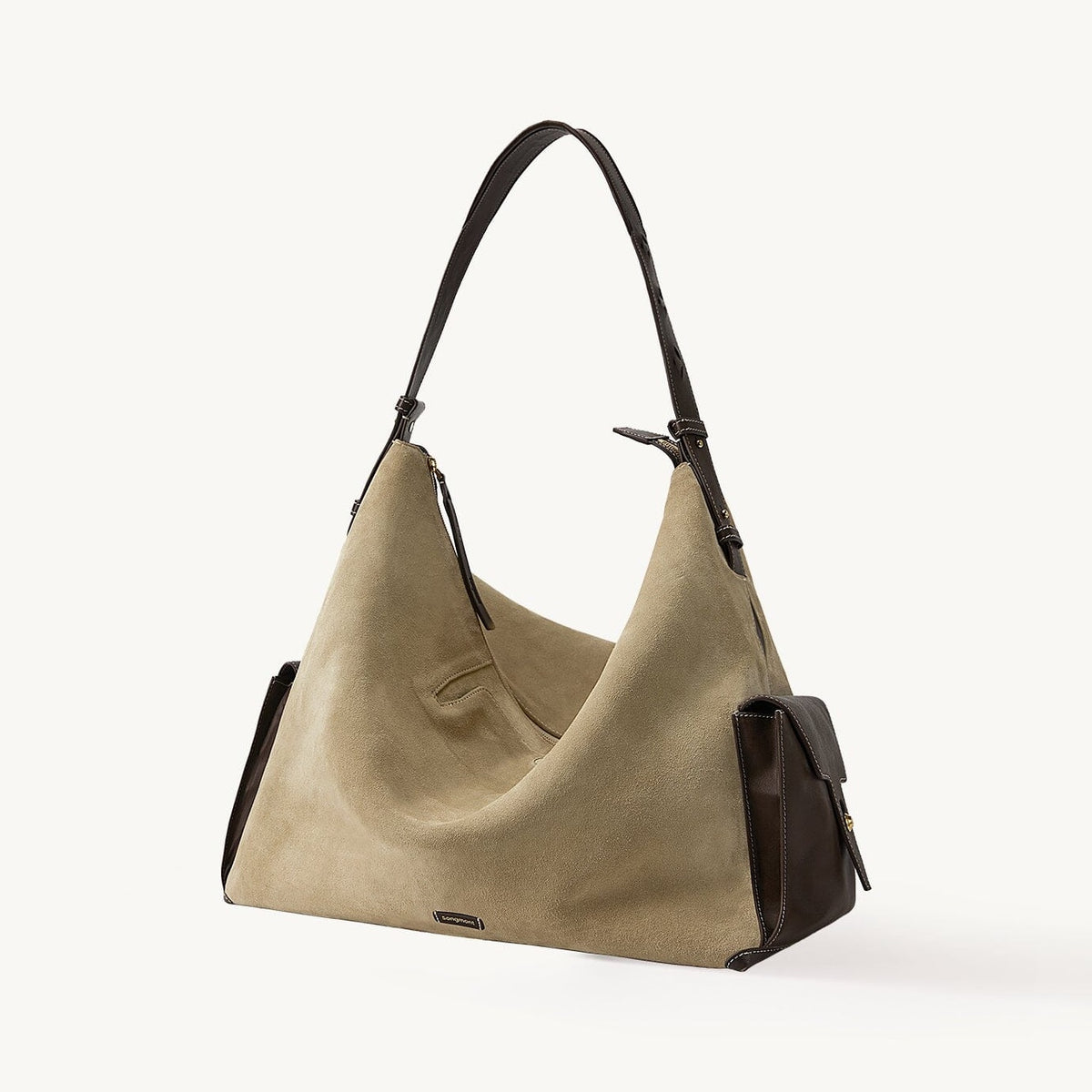 Songmont Extra Large Yore Hobo Bag Dune Suede - sandy suede hobo with dark brown strap