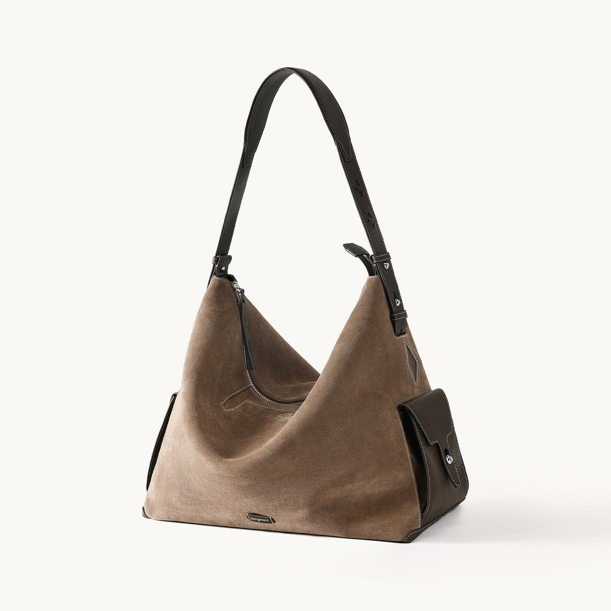 Songmont Extra Large Yore Hobo Bag Stone - taupe hobo with dark brown strap and side pocket