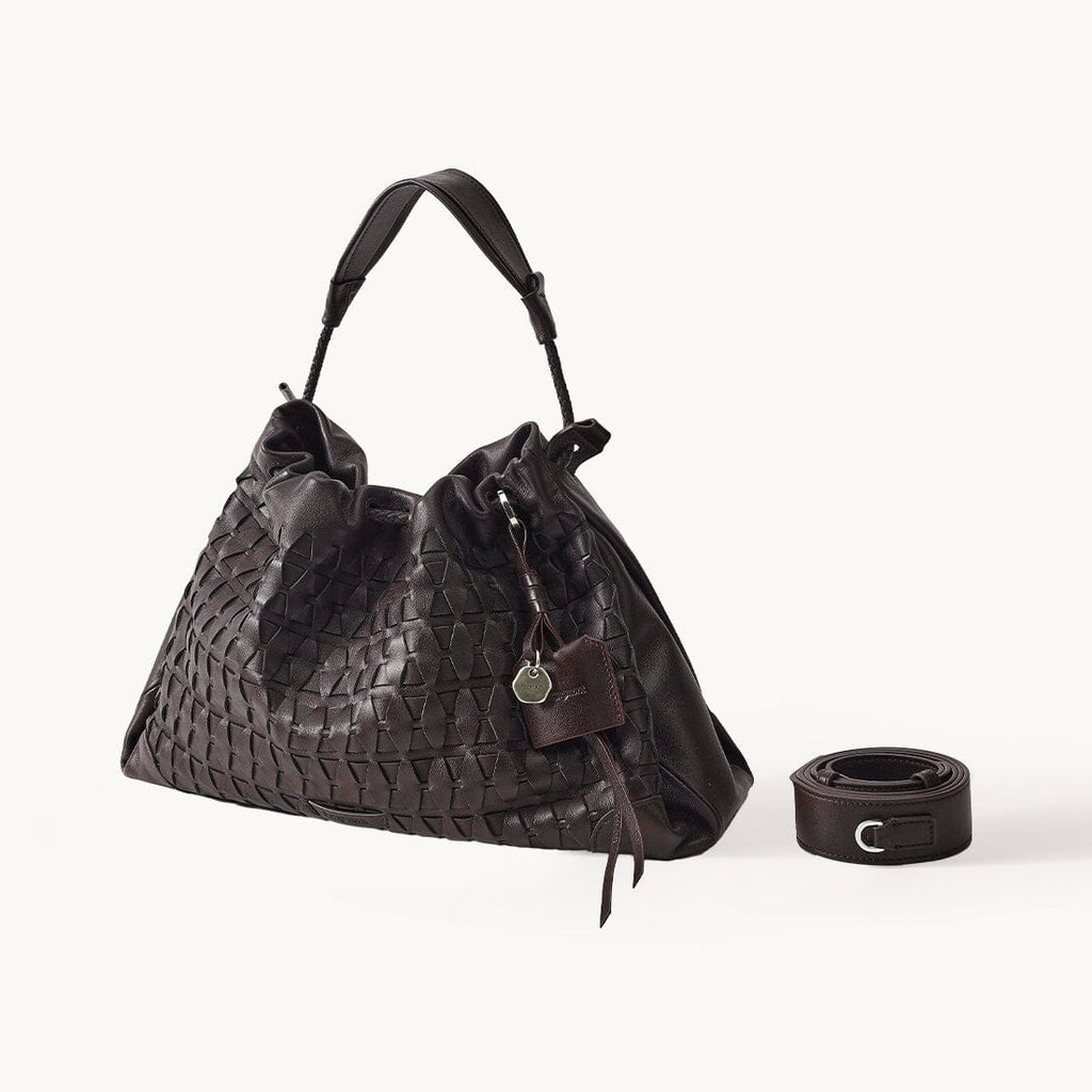 Songmont Small Gather Lattice Bag Ebony - woven bag with top handle and detached strap