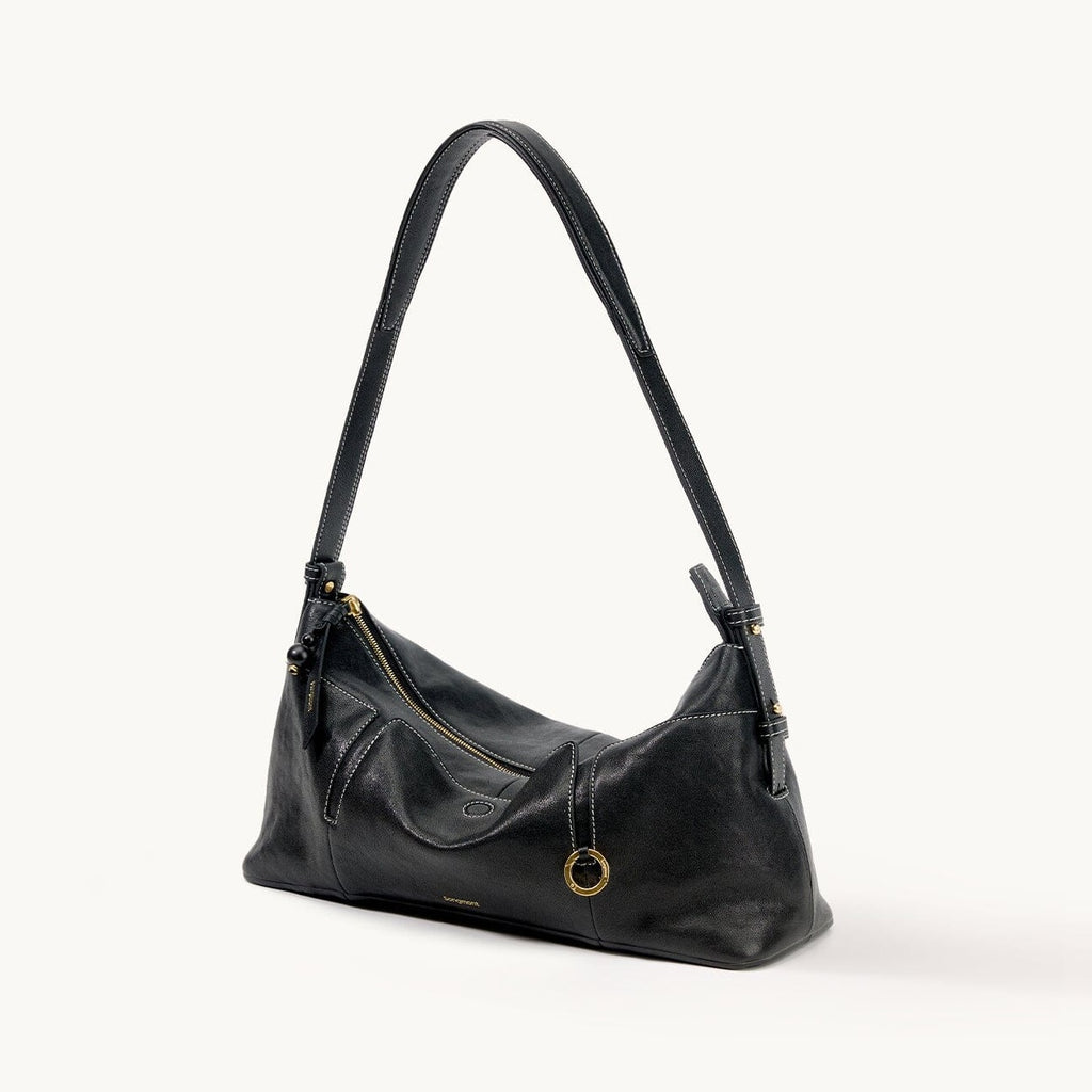 Songmont H Yore Bag Onyx - black leather hobo with gold ring charm