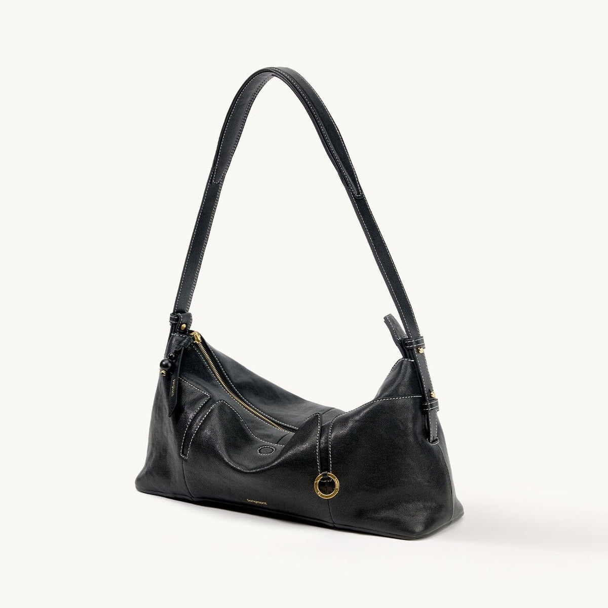 Songmont H Yore Bag Onyx - black leather hobo with gold ring charm