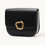 Songmont Large Reset Tofu Bag Onyx - black calf leather flap bag with gold ring clasp
