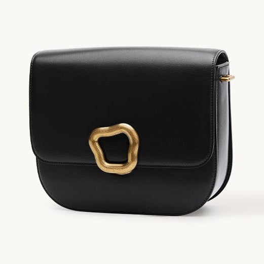 Songmont Large Reset Tofu Bag Onyx - black calf leather flap bag with gold ring clasp