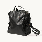 Songmont Large Yore Backpack Onyx - glossy black leather backpack with patterned strap