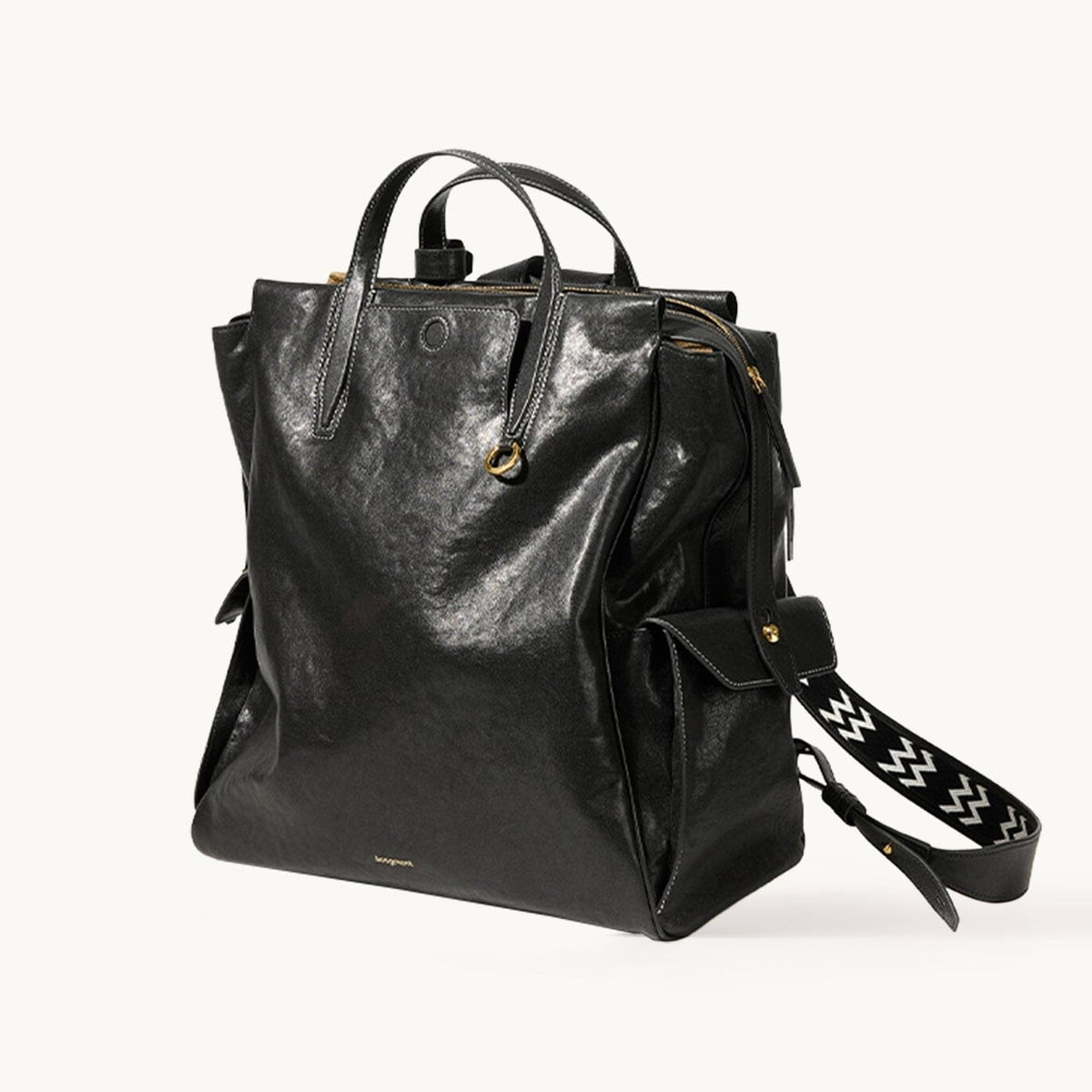 Songmont Large Yore Backpack Onyx - glossy black leather backpack with patterned strap